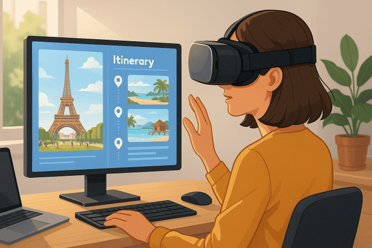 Virtual reality travel planning using VR headset and computer for smart tech and travel gear enthusiasts at Smarter-ish.