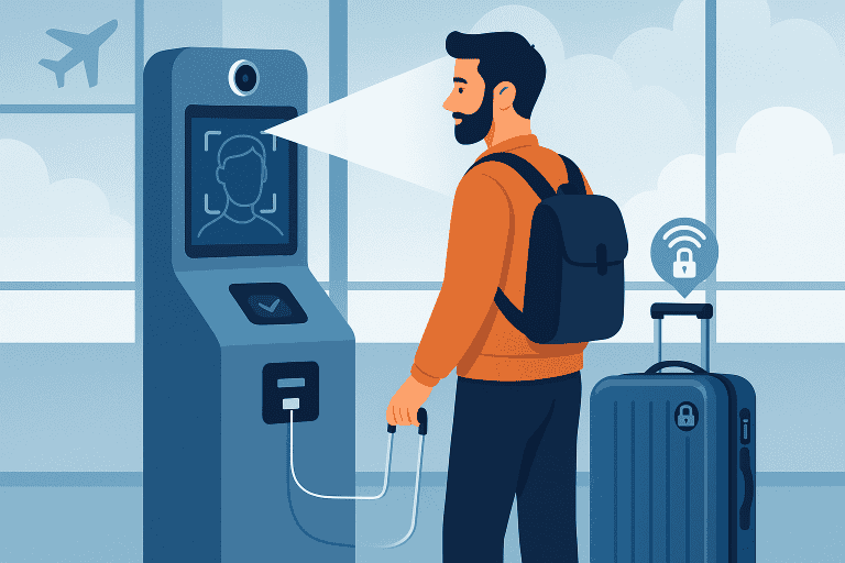 Contactless biometric traveler identification at airport security with fingerprint scanner and facial recognition technology.