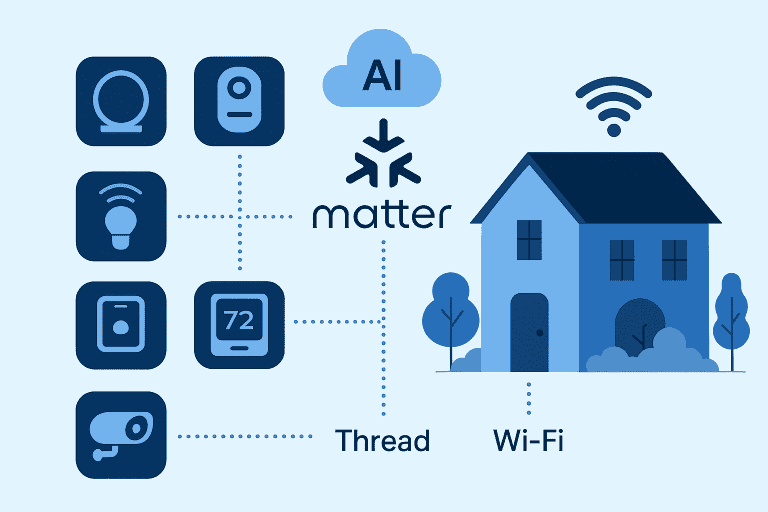AI-powered smart home security system with connected devices including cameras, sensors, smart bulbs, and thermostats all accessible via Wi-Fi.