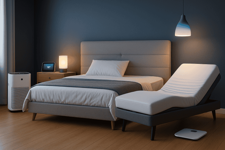 Smart bedroom with adjustable bed, smart lamp, and smart thermostat, modern and comfortable design for a smarter living space.