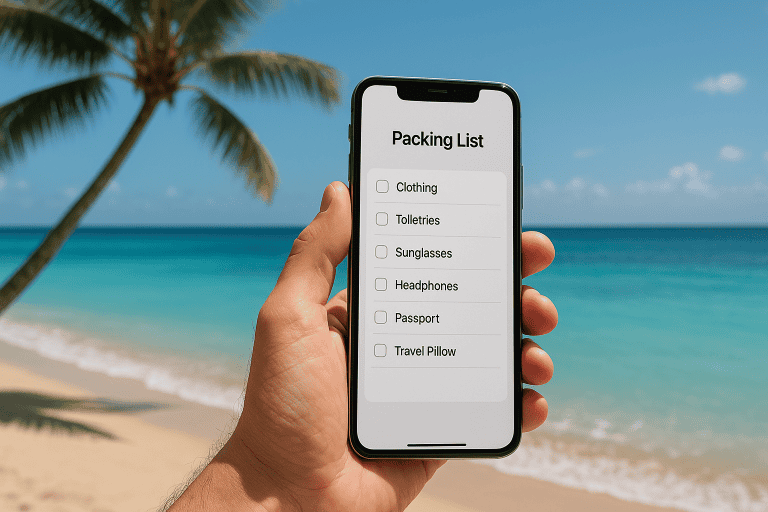 Packing list app on phone by the beach.