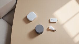 Smart home checklist starter kit with mesh router, smart speaker, smart plug, and LED bulb on a clean desk